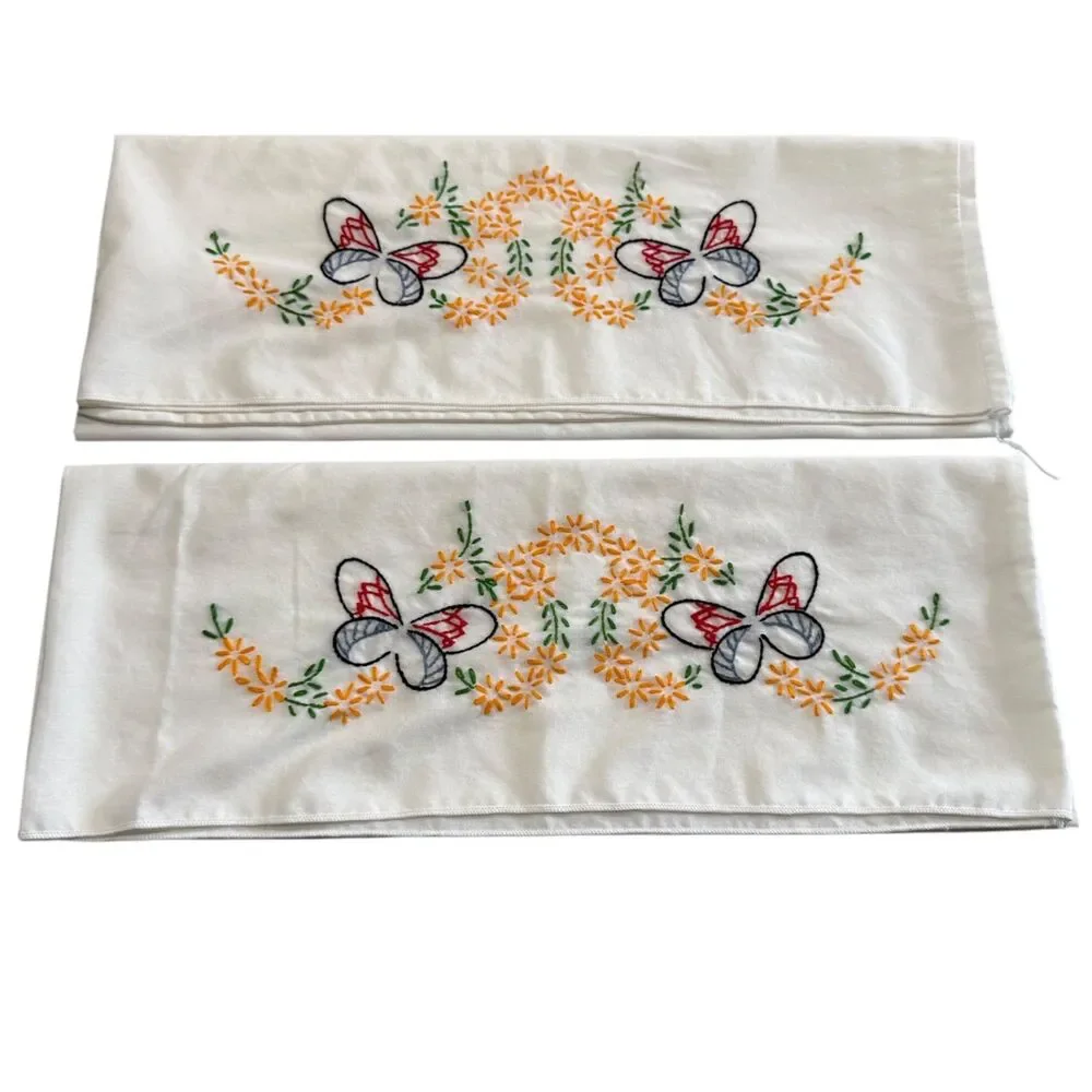Vintage 50's Hand Embroidered Pillowcases Butterfly Floral Pair MCM Cottagecore